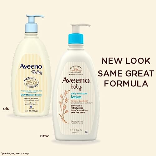 Aveeno Baby Daily Moisture Moisturizing Lotion for Delicate Skin with Natural Colloidal Oatmeal & Dimethicone, Hypoallergenic, Fragrance-, Phthalate- & Paraben-Free, 18 fl. oz (Package may vary) (Pack of 1)