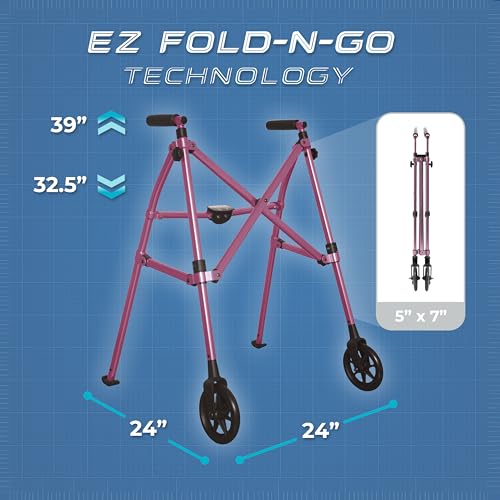 Stander Space Saver Walker, Lightweight Folding Rolling Mobility Aid for Seniors & Adults, Compact 2-Wheel Disability Device with 6-inch Wheels & Ski Glides for Walking Support, Regal Rose