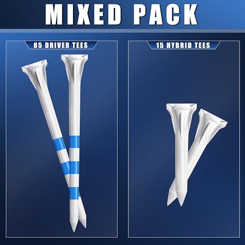 CHAMPKEY Premium 3 Prongs Plastic Golf Tees 50 Pack / 100 Pack | 85 Driver Tees with 15 Iron/Hybrid Tees Mixed Pack | Low Friction and Resistance Golf Plastic Tees (50 Pack, 3-1/4")