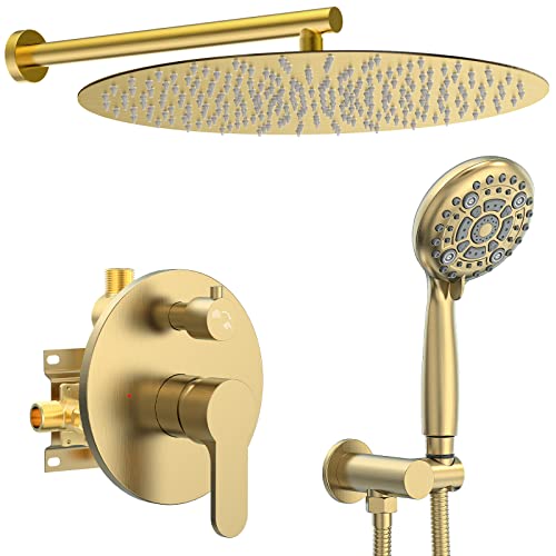 SR SUN RISE Shower Faucet - 3 Function High Pressure 10 Inch Shower System- 6 Setting Handheld Shower Head Fixtures- Valve Included Shower Faucet Set - Brushed Gold