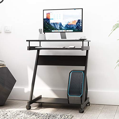 sogesfurniture Mobile Computer Desk, Small Rolling Work Workstation for Home and Office with Printer Shelf, Keyboard Drawers,23.6 x 18.9 x 28.7 Inches,BHUS-DX-8110-BB(Black)