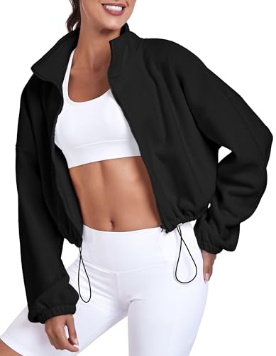 GRECERELLE Women's Sherpa Jacket Women Long Sleeve Winter Coats Full Zip Fleece Crop Jacket 2023 Black-M