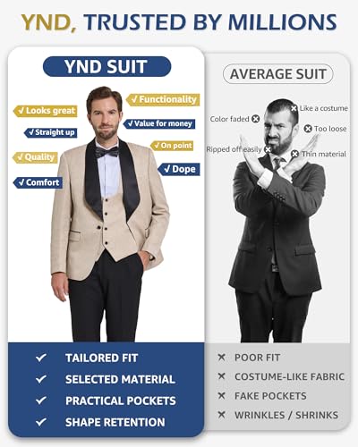 YND Men's 3 Piece Luxury Tuxedo Set, Jacquard Slim Fit Shawl Lapel Jacket Vest & Pants with Bow Tie, Premium Tuxedo for Men, Red