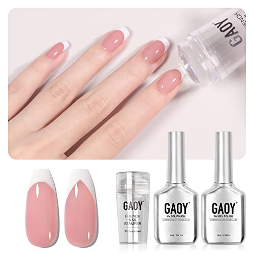 GAOY French Manicure Kit, Nail Stamper and 2Pcs Gel Nail Polish, Include Jelly Sheer Pink White Colors for French Tip, UV Light Cure