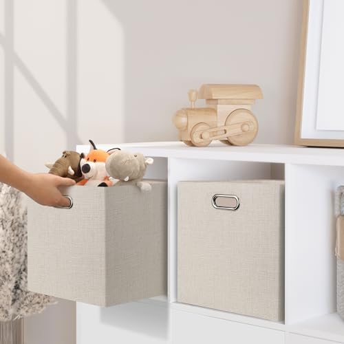 Posprica 13x15x13in Collapsible Storage Bins, Fabric Foldable Cube Storage Boxes, Decorative Storage Baskets Organizer for IKEA Kallax, Shelves, Closet, Clothes, Toy, Set of 4-Beige