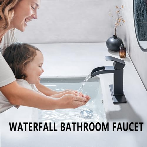 Brushed Nickel Waterfall Bathroom Faucets, High-Flow Bathroom Faucets 1 Hole, Single Handle Bathroom Sink Faucet, Modern Vanity Faucet with Pop Up Drain and Water Supply Lines
