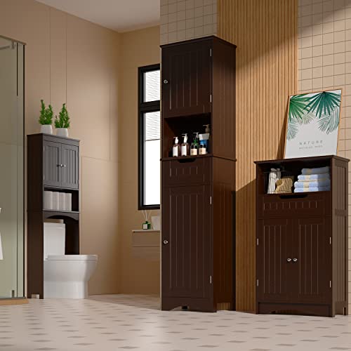Gizoon 67" H Tall Bathroom Storage Cabinet, Narrow Linen Tower Freestanding Adjustable Shelves for Home, Kitchen, Versatile, Anti-Tipping, Dark Brown