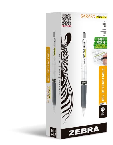 Zebra Pen Sarasa Mark ON Gel Retractable Pen, Fine Point, 0.5mm, Black Ink, 12-Pack