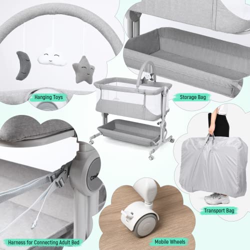 Cowiewie Baby Bassinet 2-1 Beside Sleeper with Wheels & Hanging Toys for Baby Foldable Adjustable Height Portable Bassinets (GREY)