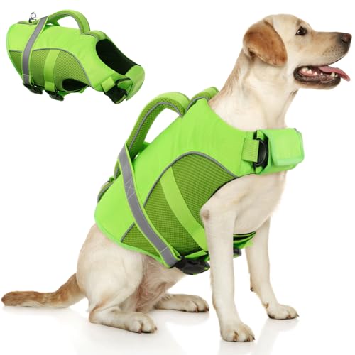 Queenmore Dog Life Jacket, Adjustable Ripstop Dog Life Vest for Swimming Boating, Dog Lifesaver with Superior Buoyancy and Rescue Handle, Dog Swimming Vest for X-Small Dogs(Green,XS)