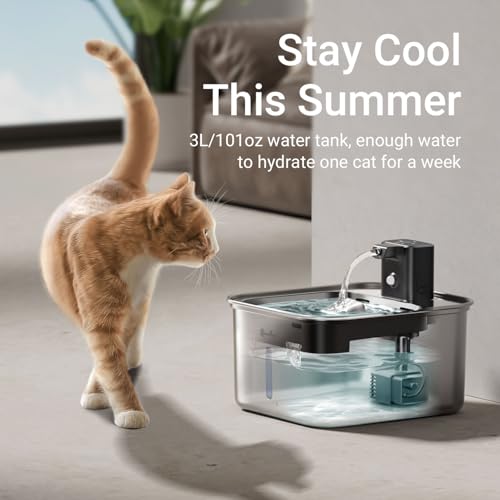 DownyPaws Cat Water Fountain Stainless Steel Wireless, 101 oz/3L FurSink Battery Operated Cat Water Dispenser for Pets Indoor, Cordless Dog Drinking Fountain with Motion Sensor, Easy to Clean, Black