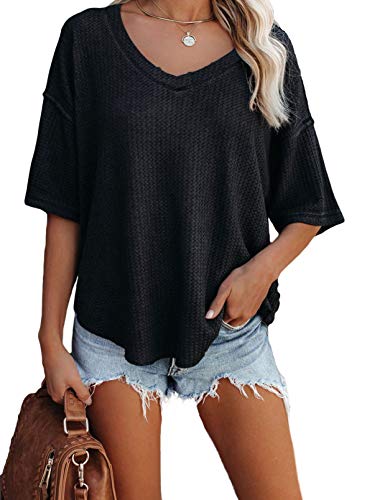 Dokotoo Womens Summer Casual Ladies V Neck Short Sleeve Shirts Waffle Knit Henley Tunic Tops Loose Fit Flowy Blouses Office Fashion 2024 Summer Gray L