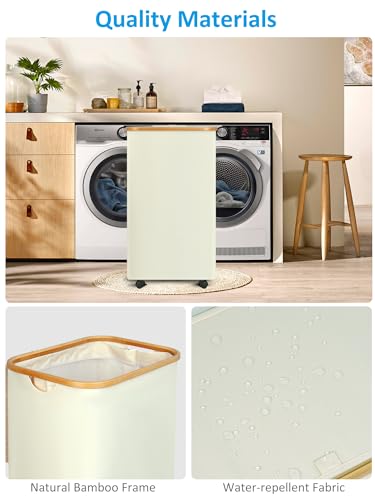 efluky Slim Laundry Basket with Wheels, Rolling Laundry Basket with Lid and Removable Bag, Narrow Dirty Clothes Basket with Wheels for Laundry Room, Bedroom & Bathroom, 75L (19.8 Gallon) Beige