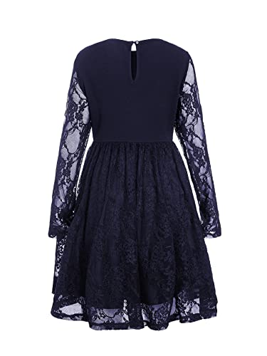 WDIRARA Women's Floral Lace Panel Long Mesh Sleeve Round Neck Keyhole Back Formal Flared A Line Short Dress Navy Blue 8Y