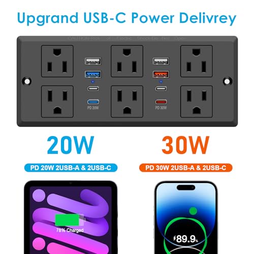 Recessed Power Strip with PD 30W Fast Charging, Conference Desk Flush Mount Outlets Plug in 6 Outlets & 8 USB Ports,3FT Cord Furniture Drawer Outlet Black
