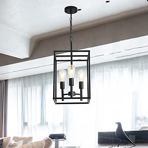 XILICON Black Classic Foyer Chandelier 3 Light Farmhouse Pendant Lighting Chandelier Light Fixtures Ceiling Hanging with Square Cage Shades Fixtures for Kitchen Dining Room Entryway
