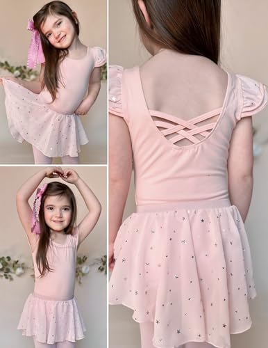 Zaclotre Girls Ballet Leotards with Removable High Low Skirt Toddler Ruffle Sleeve Hollow Back Dance Outfit Combo Hot Pink