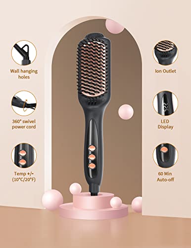 LANDOT Hair Straightening Brush Straightener: Negative Ion Ceramic Heated Hot Brush for Smooth Frizz-Free Hair - Dual Voltage 100-240V & 12 Temp Settings 250°F to 450°F