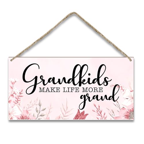 Grandkids Make Life More Grand Door Wood Sign Plaque Gift for Grandma, Wooden Wall Hanging Sign with Twine, Shelf Wood Floral Art Sign, Living Room Home Bedroom Kitchen Decoration Supplies -019