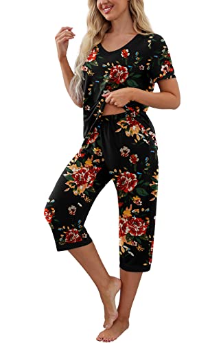 PrinStory Women's Pajama Set Short Sleeve Shirt and Capri Pants Sleepwear Pjs Sets with Pockets Dot-Navy Blue-Medium