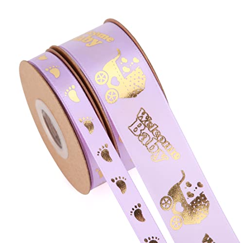 Meseey 2 Rolls Total 20 Yards Welcome Baby Ribbon Black and Gold Foot Print Ribbons for Crafts Cake Baby Shower Birthday,Gift Wrapping, Party Decoration (Black)