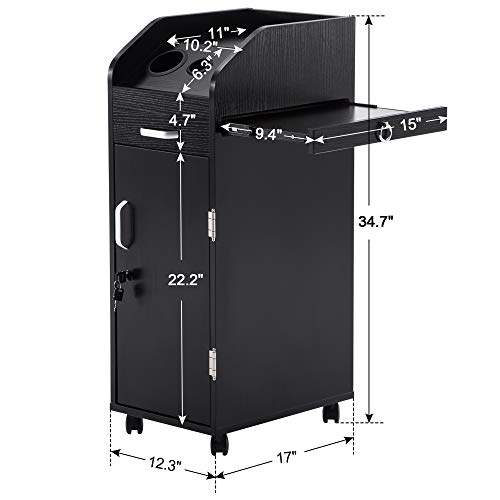 BarberPub Beauty Salon Trolley Storage Cart Hair Dryer Holder Stylist Equipment with Lockable Rolling Wheels, Drawer (Black)