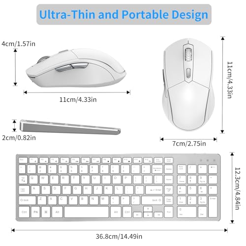 Wireless Keyboard Mouse Combo, Ultra Slim Computer Keyboard and 2400 DPI USB Silent Mouse with Invisible Light Design, Scissor Switch, for Laptop PC Chromebook Windows (KM202-Silver White)