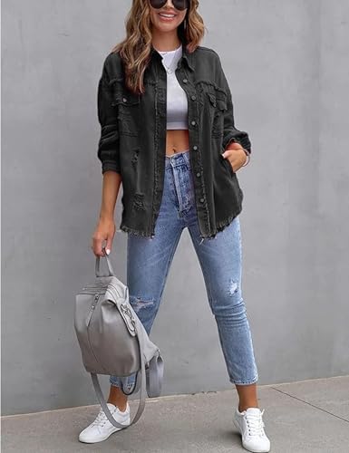 Omoone Women's Ripped Distressed Denim Jacket Casual Long Sleeve Boyfriend Jean Coat Basic Trucker Jackets (3536-Red-S)