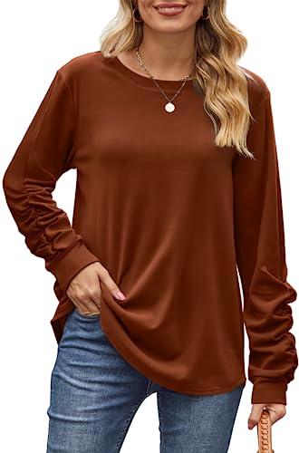 Dofaoo Long Sleeve Tops for Women Loose Fit Casual Fall Sweatshirt Brown S