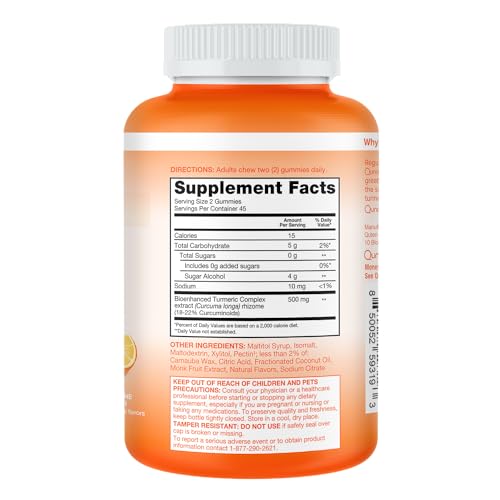 Qunol Zero Sugar Turmeric Gummies, Gummy with 500mg Turmeric Curcumin, Joint Support Supplement, Ultra High Absorption Tumeric Curcumin, Vegetarian, Gluten Free, 90 Count