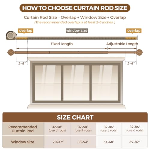 KAMANINA Bronze Curtain Rod 32 to 58 Inch(2.6-4.8ft), Adjustable Curtain Rods for Windows 28 to 48 Inch, 3/4 Inch Splicing Drapery Rods with Twisted Cage Finial