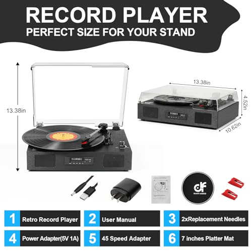 Record Player Bluetooth 3-Speed Vinyl Record Player with Stereo Speakers, USB Recording, RCA Line-Out, AUX-in, Retro Phonograph Turntable for Vinyl Records, Black