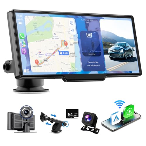 10.26" HD Portable Wireless Carplay & Android Auto Screen with 2.5K Dash Cam, Carplay Screen for Car Support Bluetooth,Mirror Link, Voice Control, GPS Navigation, 1080P Backup Camera+ 64G TF Card