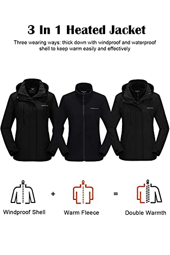 Venustas Women’s 3-in-1 Heated Jacket with Battery 7.4V, Electric Fleece Jacket & Waterproof Ski Coat with Hood for Outdoor