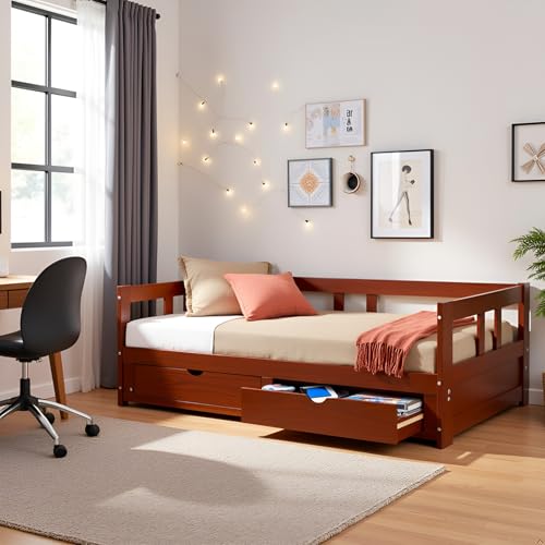 Alaterre Furniture Melody Extendable Daybed Frame with Trundle and Storage Drawers, Brazilian Pine Wood King-Size Bed for Kids Bedroom Furniture, 200 Pound Capacity, Multiple Finish Options