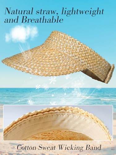 Visors for Women, Straw Sun Visors for Women Beach Hats for Women Packable Sun Hat Womens Visor Handmade Straw Hats for Women Beige