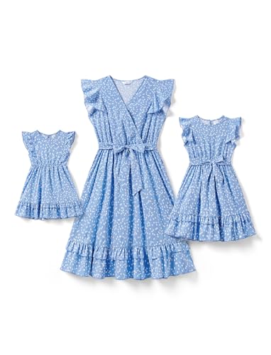 PATPAT Mommy and Me Dresses Matching Outfits Family Matching Flutter Sleeve Dress for Mother and Daughter Girls 6-7 Years Cute Pink