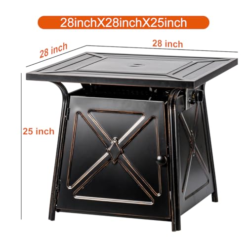 OutVue 28 inch Wicker Propane Fire Pit Table,Gas Fire Pits Table for Outside,50000 BTU Propane Fire Pit with Lid &Lava Rocks,Gas Firepit for Garden,Yard (Brown Rattan)