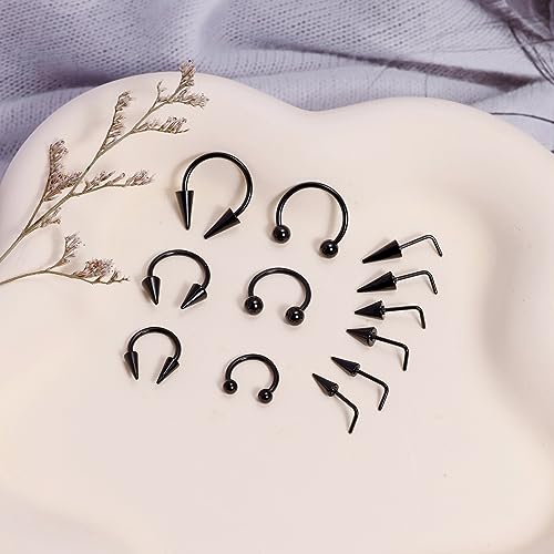 Vegolita 12PCS 316L Stainless Steel Long Spike Septum Nose Rings for Women Men Long Spike Nose Studs Horseshoe Nose Rings Cartilage Helix Tragus Hoop Earrings Nose Piercing Jewelry BS
