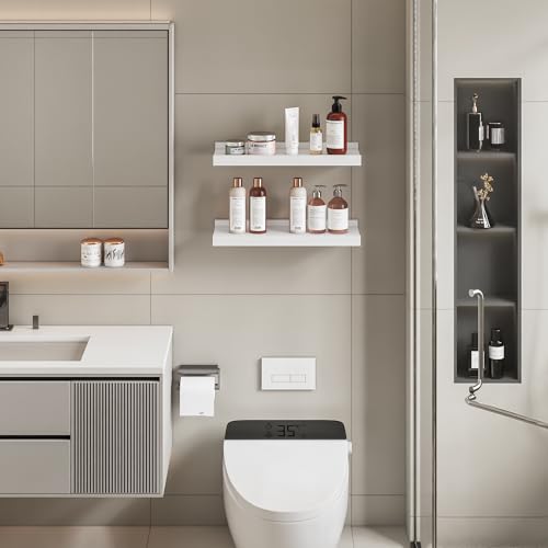 BONTEC Floating Shelves Set of 2, Wood Wall Mounted Shelves with Lip, 16 inch Bathroom Shelves for Bathroom, Bedroom, Living Room and Kitchen Wall Organizer up to 22lbs, Black