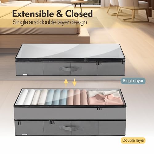 Supowin Large Under Bed Storage Containers, 2-Pack Double Layer Underbed Storage Bins with 3 Handles, 70L Extensible/Closed Clothes Storage Organizer with Sturdy Bottom Sidewalls, Dark Grey