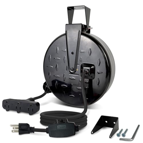 GREATIDE Retractable Extension Cord Reel, 16/3 SJTW Power Cord 30 Ft with 3 Electrical Outlets and 10 Amp Circuit Breaker, Ceiling or Wall Mount, Metal Plate, UL Listed, Grey
