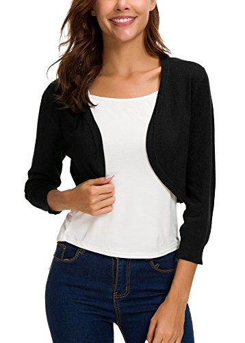 Women's Lightweight Knit Cropped Cardigan 3/4 Sleeve V-Neck Open Front Bolero Shrug for Dresses and Casual Wear (L, Apricot)