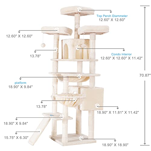 Hey-brother Cat Tree, 71 inches XL Large Cat Tower for Indoor Cats, Multi-Level Cat House with 3 Padded Perches, Big Scratcher, Cozy Basket, 2 Cat Condos and Scratching Posts, Beige MPJ034M