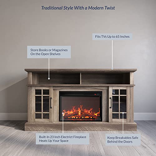 BELLEZE Traditional 58" Rustic TV Stand with 23" Electric Fireplace Heater with Sound, Media Entertainment Center Console Table for TV up to 65" with Open Storage Shelves and Cabinets - Ashland Pine