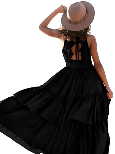 Kids4ever Girl Maxi Black Dress Size 6 Strap Bowknot Backless Kids Long Ruffle Tiered A-Line Flower Dresses with Embroidery Summer Beach Party