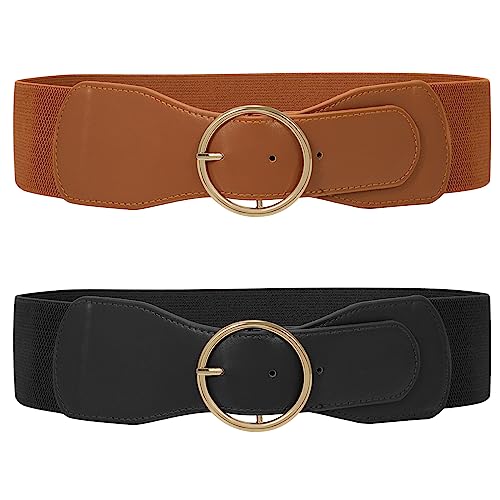 WERFORU 2 Pack Women Elastic Stretchy Wide Belt for Dress Ladies Stretch Thick Waist Belt with Gold O Ring Buckle Black+Brown