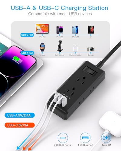 Cruise Ship Essentials, Flat Plug Extension Cord, Power Strip with 6 Outlets 3 USB Ports(2 USB C), 5ft Outlet Extender with Wall Mount No Surge Protector for College Dorm Room Travel Essentials