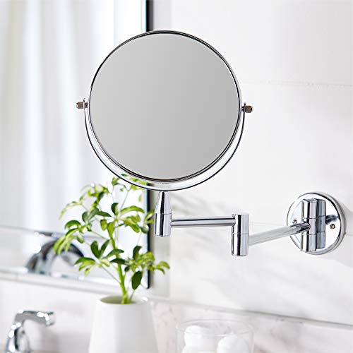 Amazon Basics Wall Mount Round Vanity Mirror, 1X/5X Magnification, Chrome, 12.8"L x 10"W