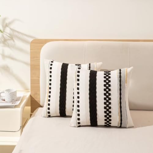 WANLIRD Boho Throw Pillow Covers 18x18 Set of 2 Farmhouse Decorative Cushion Case Striped Square Pillows Cover Chenille Pillow Cases Accent Neutral Pillowcase for Sofa Couch Bed,Yellow-Blue